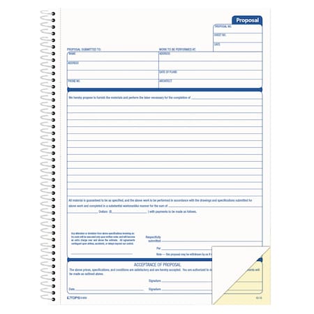 Tops Spiralbound Proposal Form Book, 8.5 x 11, 2-Part Carbonless, 50 Sts/Bk 41850
